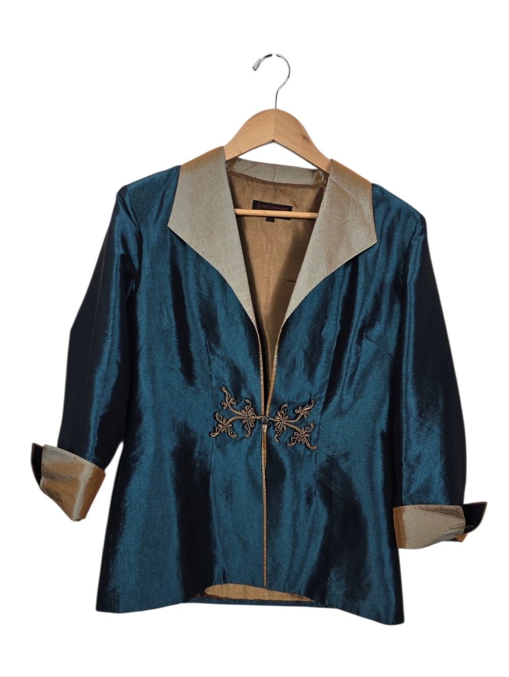 Vintage Silk Teal Jacket Knot Closure Embroidered Asian Statement Jacket Large